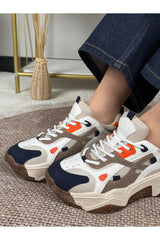 Noctra Kadın Süet Lacivert Koyu Kahverengi Bağcıklı Yüksek Tabanlı Sneakers - Lacivert/ Kahve