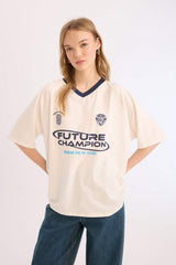 Defacto Kadın Short Sleeve T-Shirt E4621Ax - Kırık Beyaz