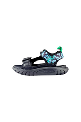 Sporline Vicco siyah çocuk sandalet, microfiber ve tekstil malzemeden üretilmiş, desenli cırt cırtlı tasarım.