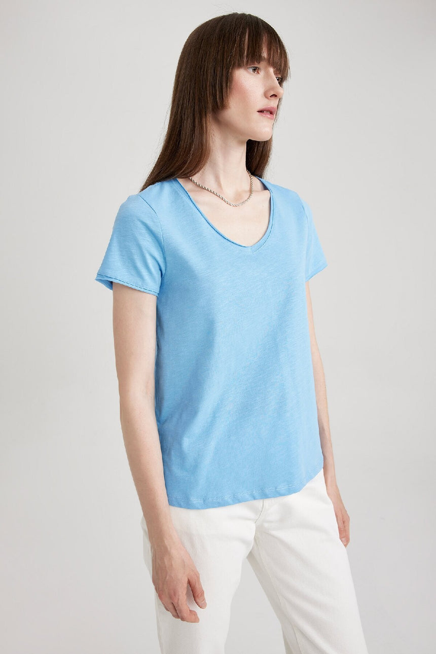 Defacto Kadın Short Sleeve T-Shirt K1507Az - Mavi