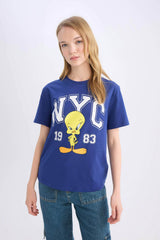 Defacto Kadın Short Sleeve T-Shirt D9108Ax - Çivit Mavisi