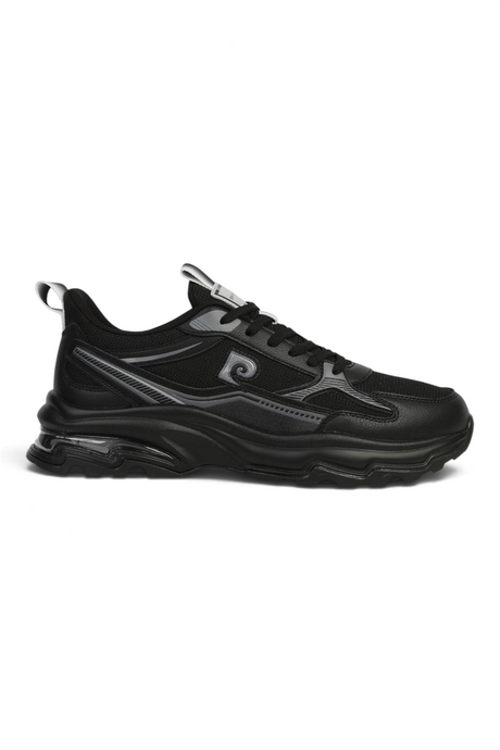 Sporline Pierre Cardin siyah suni deri erkek sneaker, yan profil görünümü ve modern tasarım detayları