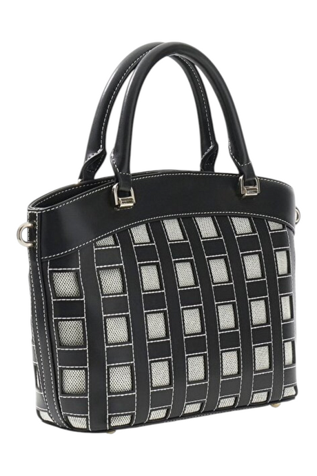 Sporline Guess Frankie mavi poliüretan satchel kadın el çantası, beyaz dikiş detaylı ve kafes desenli tasarım.