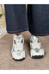 Noctra Kadın Süet Lacivert Beyaz Gümüş Bağcıklı Yüksek Tabanlı Sneakers - Lacivert/ Beyaz/ Gümüş