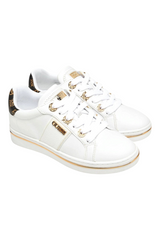 Sporline Guess kadın beyaz elastan sneaker, altın detaylı ve topuk kısmında ikonik logo desenli spor ayakkabı