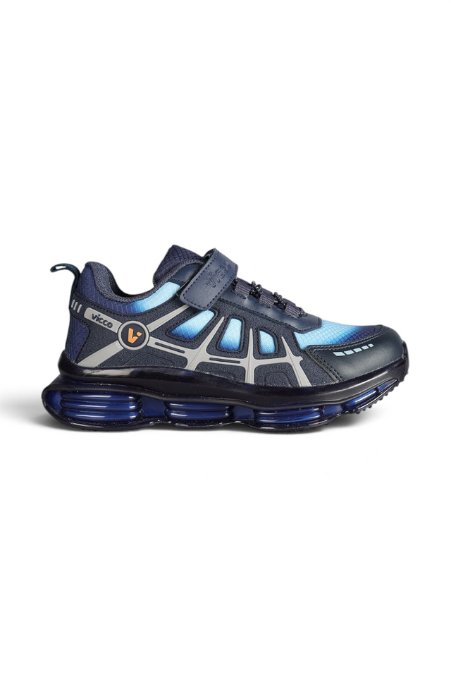 Sporline Vicco lacivert suni deri çocuk sneaker, yan profil görünümü ve şeffaf taban detaylı spor ayakkabı