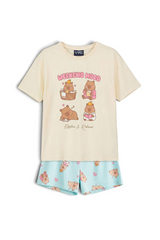 Sporline LC Waikiki kırık beyaz renkli, baskılı tişört ve desenli şorttan oluşan %100 pamuklu kız çocuk pijama takımı