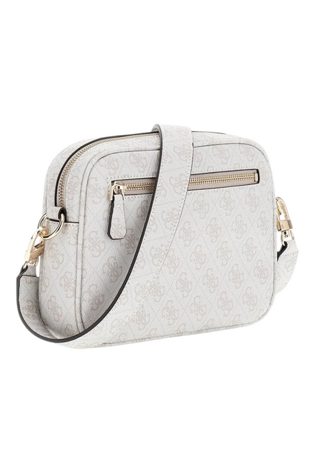 Sporline Guess Meridian II monogram desenli, fermuarlı, bej renkli kadın kamera çantası