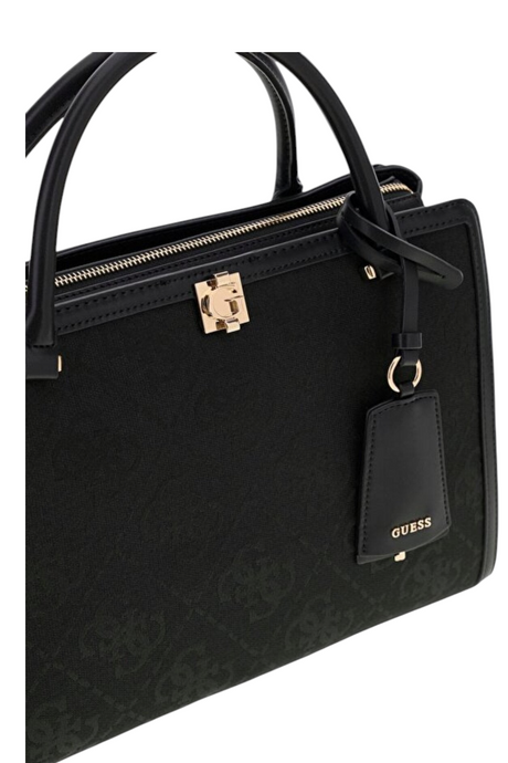 Sporline Guess Audrey Logo siyah polyester kadın el çantası, altın renkli metal detaylı satchel model