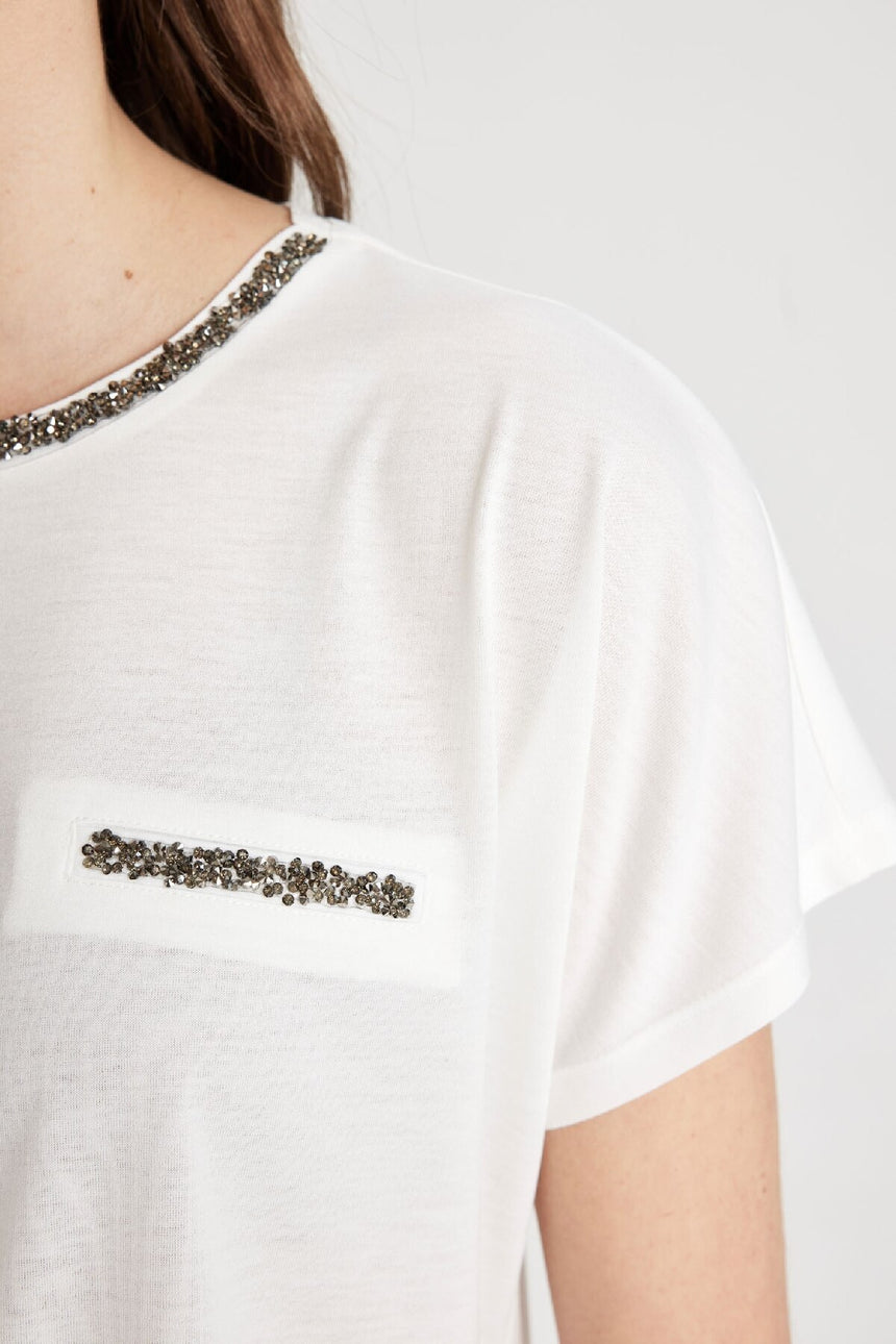 DeFacto K7701AZ Kadın T-Shirt - Ekru