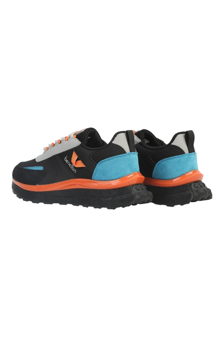 Sporline Benetton siyah kadın sneaker, turuncu ve mavi detaylı, kalın tabanlı spor ayakkabı