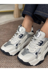 Noctra Kadın Süet Lacivert Beyaz Gümüş Bağcıklı Yüksek Tabanlı Sneakers - Lacivert/ Beyaz/ Gümüş