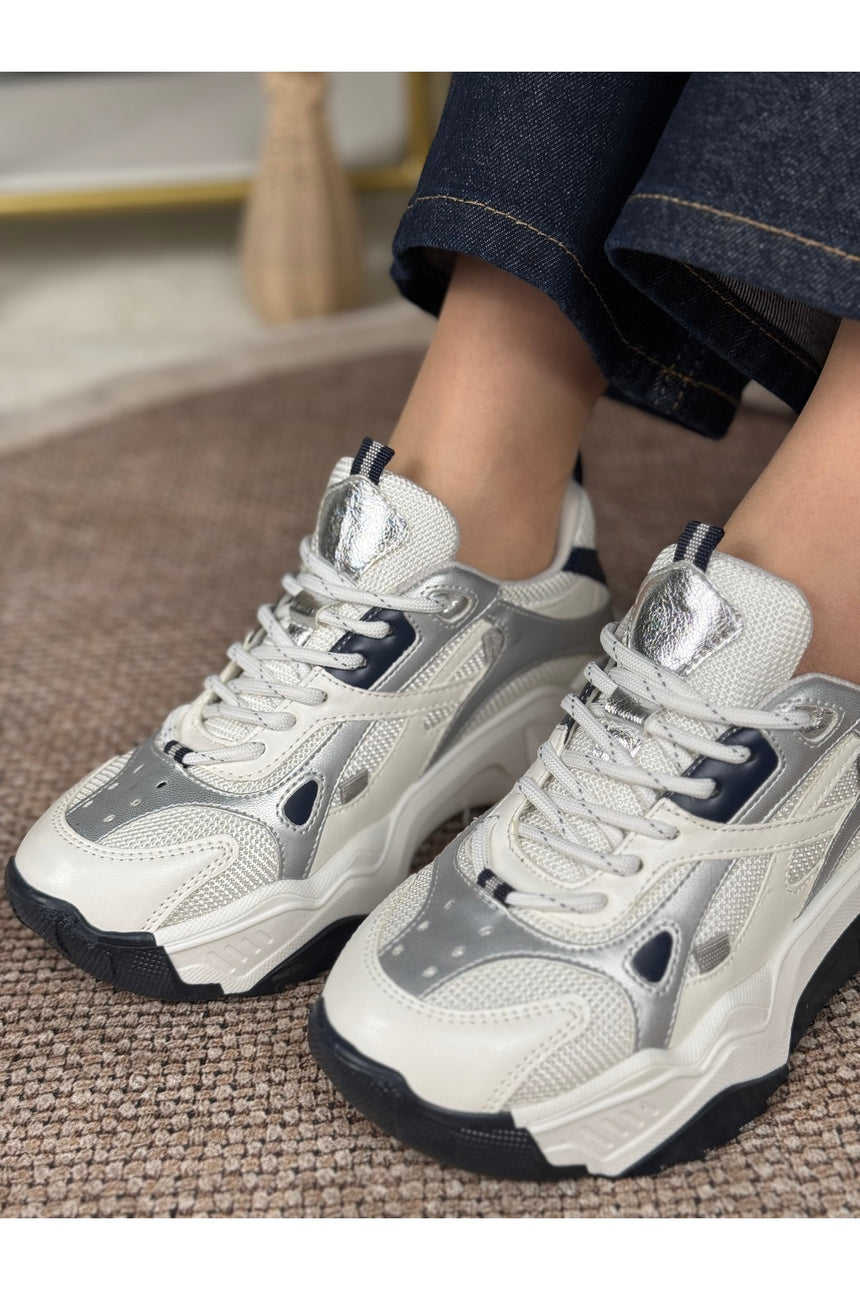 Noctra Kadın Süet Lacivert Beyaz Gümüş Bağcıklı Yüksek Tabanlı Sneakers - Lacivert/ Beyaz/ Gümüş