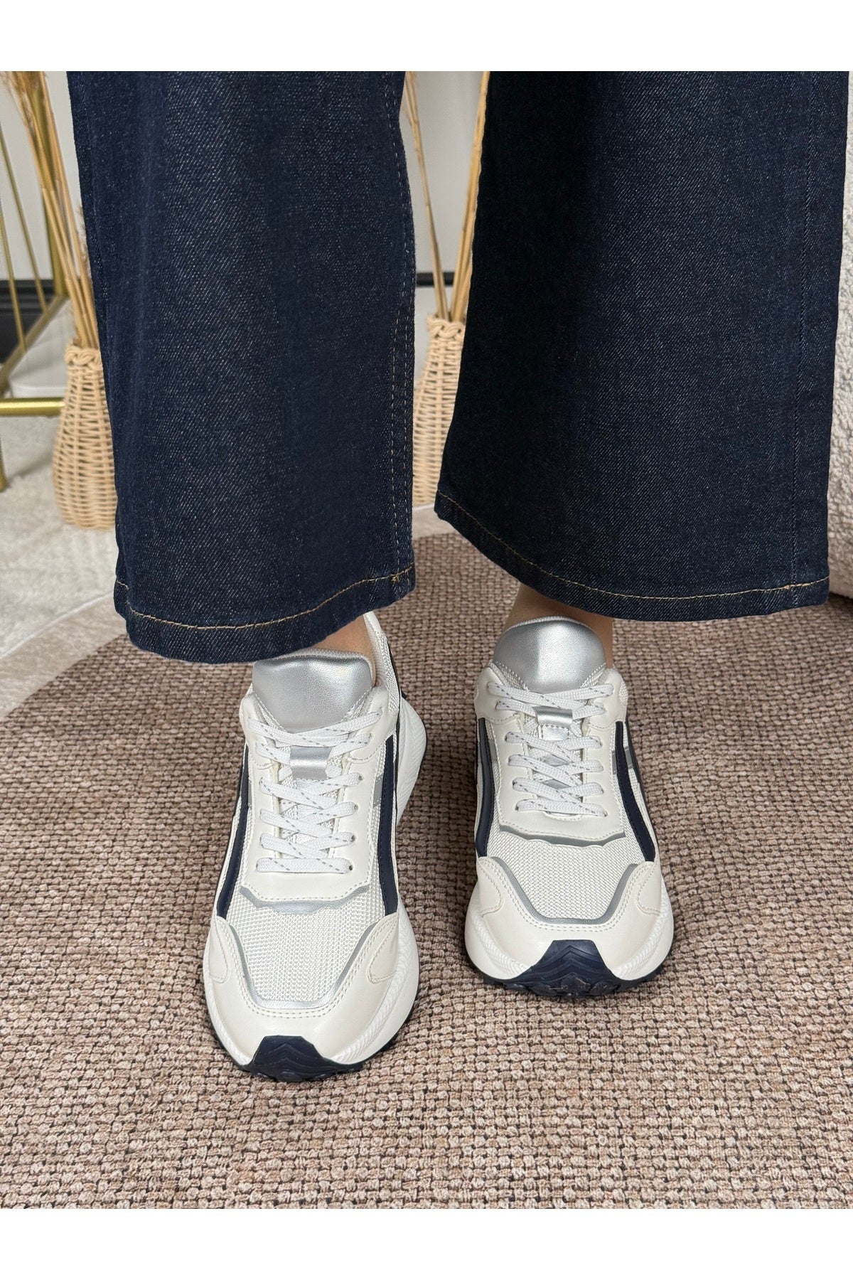 Rovena Kadın Lacivert Gri Koyu Gri Gümüş Yüksek Taban Bağcıklı  Sneaker Spor Ayakkabı - Lacivert/ Gri