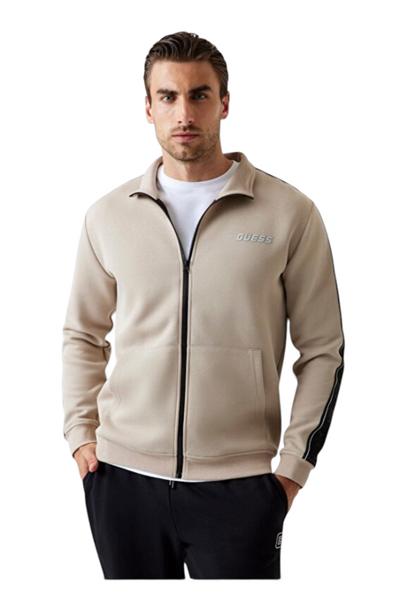 Sporline Guess Mickey bej renkli, dik yakalı, önden fermuarlı ve yan şerit detaylı erkek sweatshirt