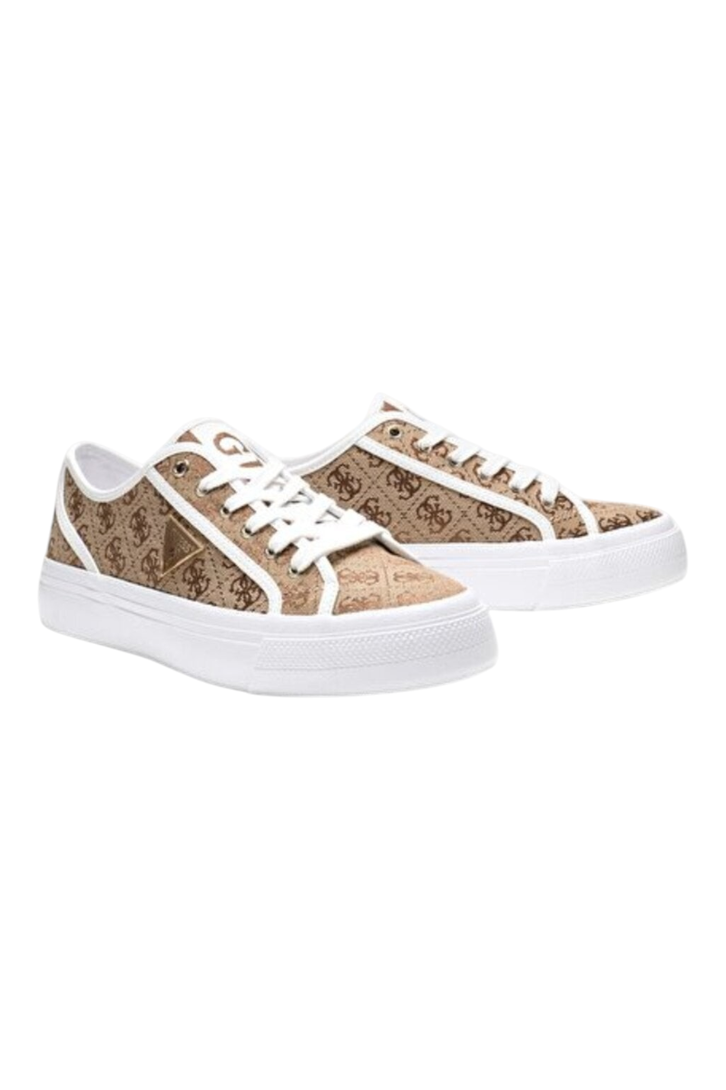 Sporline Guess kadın sneaker, bej ve kahverengi logolu polyester kumaş, beyaz tabanlı günlük spor ayakkabı.