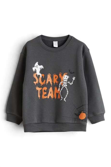 Sporline LC Waikiki antrasit renkli, Scary Team baskılı, pamuk karışımlı çocuk sweatshirt