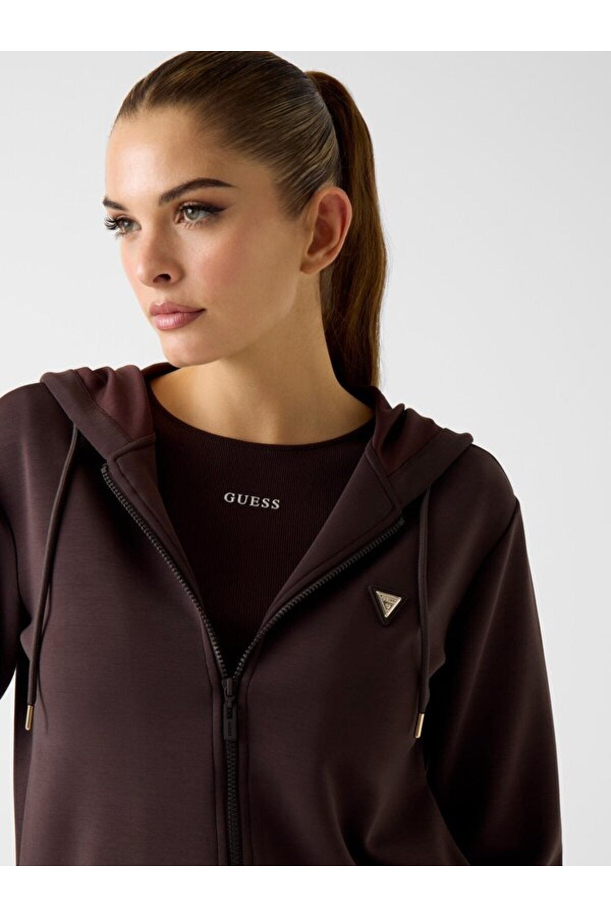 Guess Olympe Kadın Kapüşonlu Fermuarlı Sweatshirt V4YQ06KCAY2 - Kahverengi