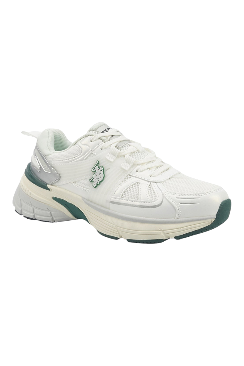 Sporline U.S. Polo Assn. beyaz kadın sneaker, mesh ve PU detaylı, yan kısmında yeşil logo işlemeli spor ayakkabı.