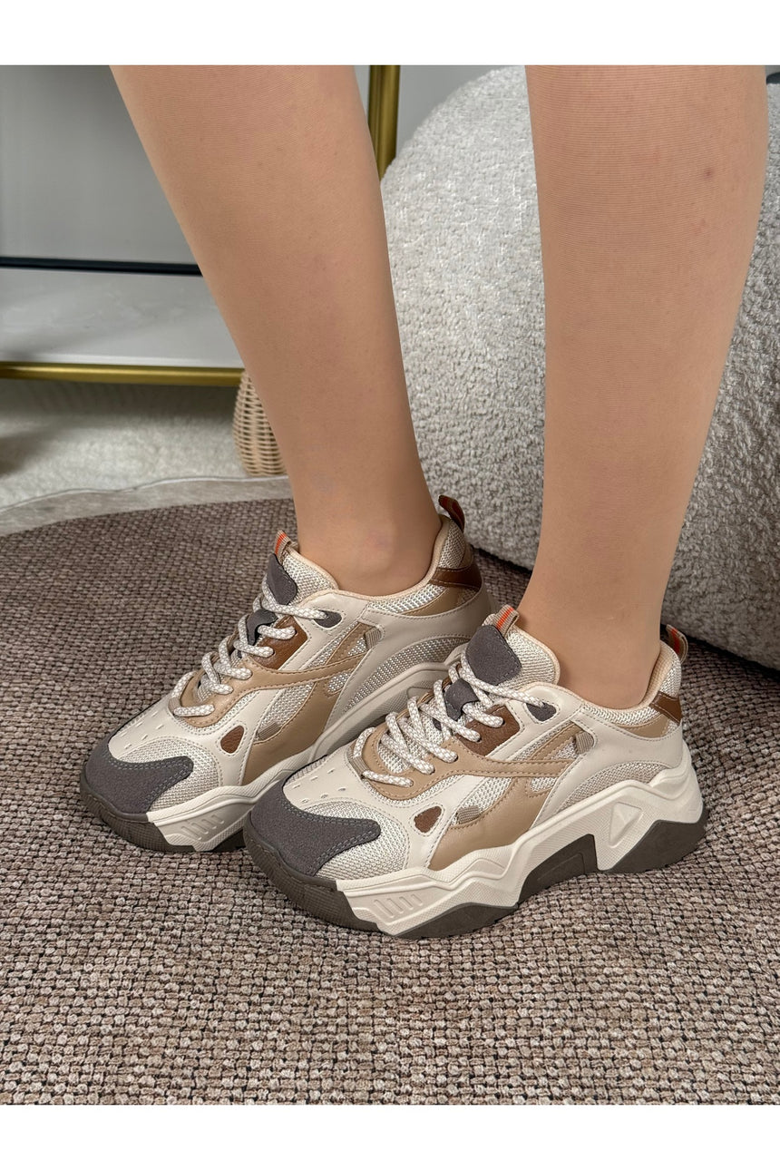 Noctra Kadın Süet Bej Kahverengi Bağcıklı Yüksek Tabanlı Sneakers - Süet Bej/ Kahverengi