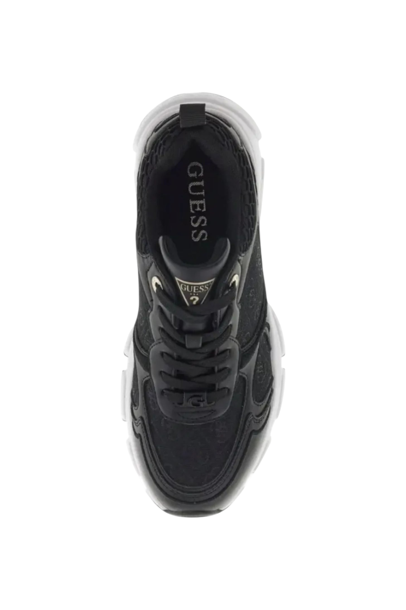 Sporline Guess siyah kadın sneaker, üzerinde marka logolu detaylar bulunan şık ve modern günlük spor ayakkabı.