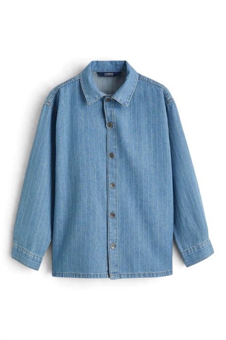 Sporline LC Waikiki çocuk indigo mavi çizgili uzun kollu pamuklu polyester gömlek