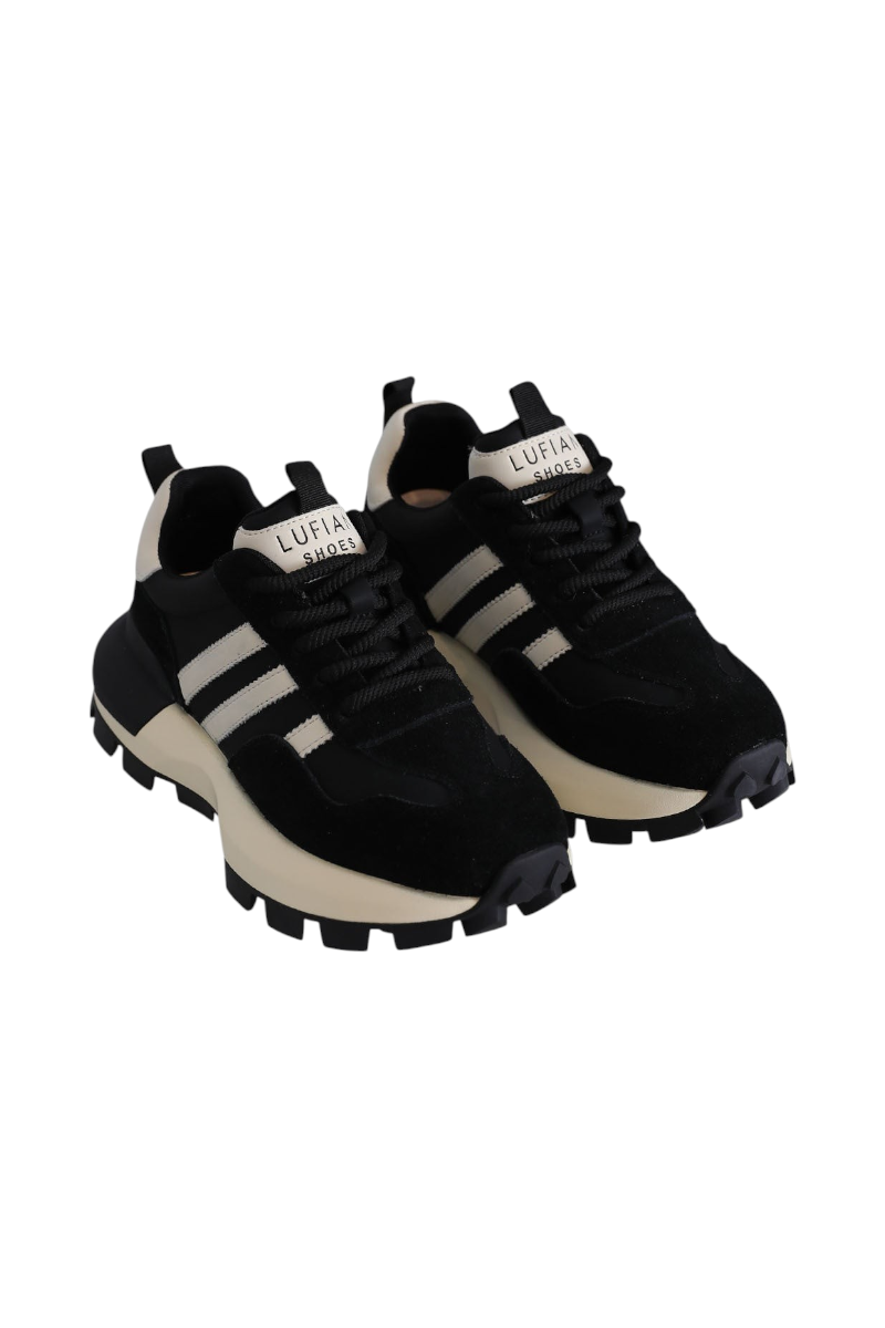 Sporline Lufian siyah deri kadın sneaker, kalın kauçuk tabanlı ve yan şerit detaylı şık günlük spor ayakkabı.