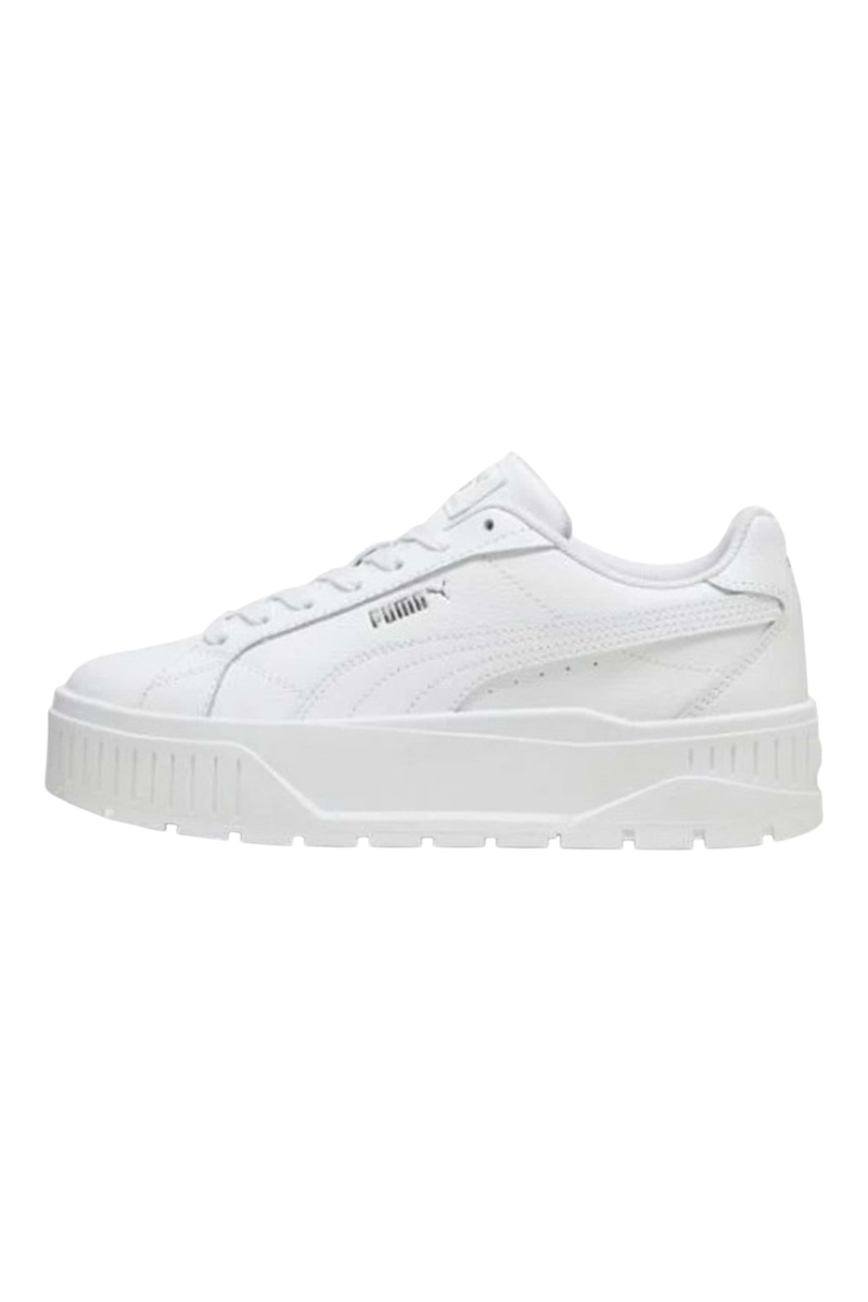 Sporline Puma Karmen II L beyaz deri platform tabanlı unisex spor ayakkabı, yan kısımlarında gümüş detaylı logo.