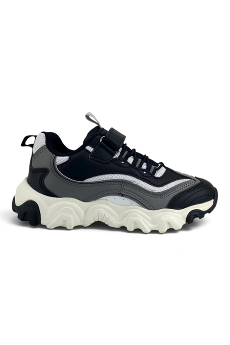 Sporline Vicco siyah tekstil poliüretan çocuk sneaker, kalın beyaz tabanlı ve cırt cırtlı spor ayakkabı modeli.