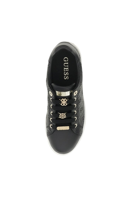 Sporline Guess siyah poliüretan kadın sneaker, altın renkli metal detaylı bağcık süslemeleri ile üstten görünüm