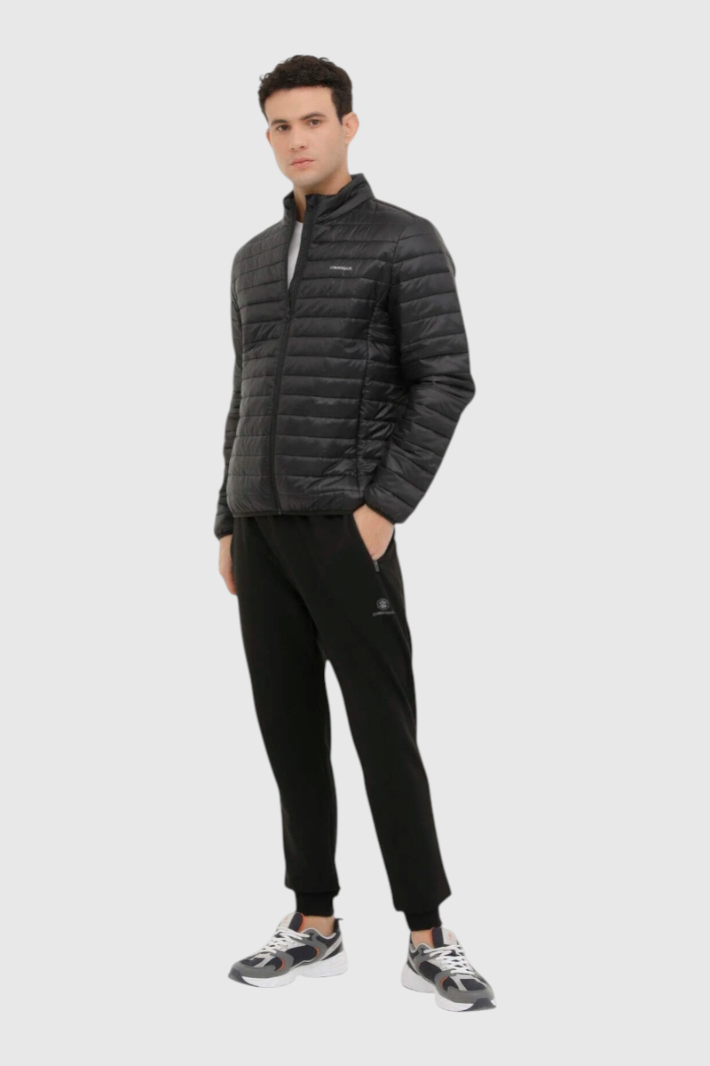 Sporline Lumberjack siyah slim fit erkek mont, %100 polyester malzemeden üretilmiş fermuarlı şişme ceket.