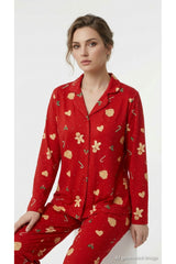 LC Waikiki Kadın Yılbaşı Desenli Pijama Takımı W6K038D8 - Kırmızı