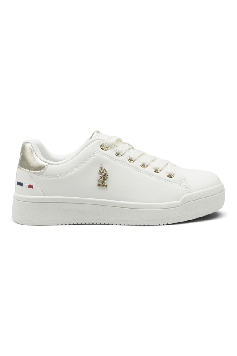 Sporline U.S. Polo Assn. bej renkli, PU malzemeden üretilmiş, yan kısmında logo detaylı kadın sneaker ayakkabı