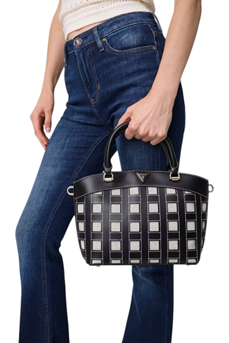 Sporline Guess Frankie satchel model, siyah ve beyaz kare desenli poliüretan kadın el çantası