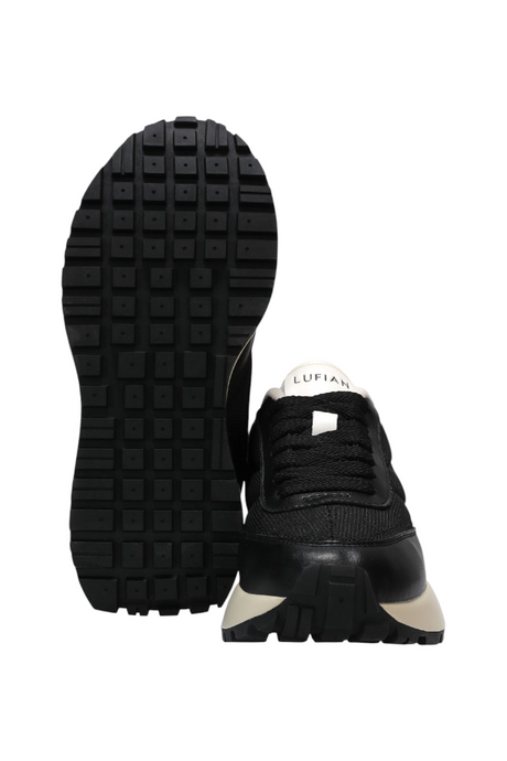 Sporline Lufian siyah suni deri kadın sneaker, kalın tabanlı ve bağcıklı günlük spor ayakkabı tasarımı.