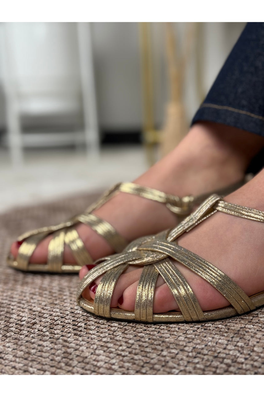 Nerissa Kadın Altın Sarı Parlak Simli Helenistik Model Kafes Burun Sandalet - ALTIN