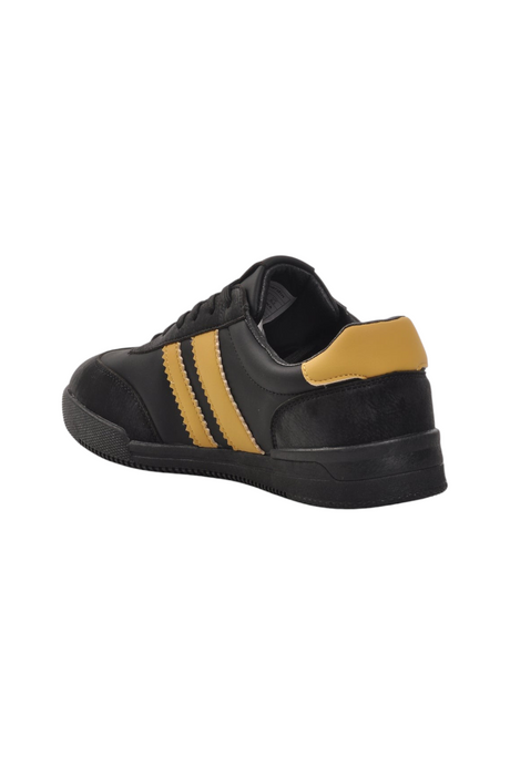 Sporline Pierre Cardin siyah poliüretan erkek sneaker, yan kısımlarında sarı şerit detaylı spor ayakkabı