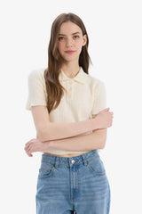 DeFacto N9752AZ Kadın Polo Yaka T-Shirt - Ekru