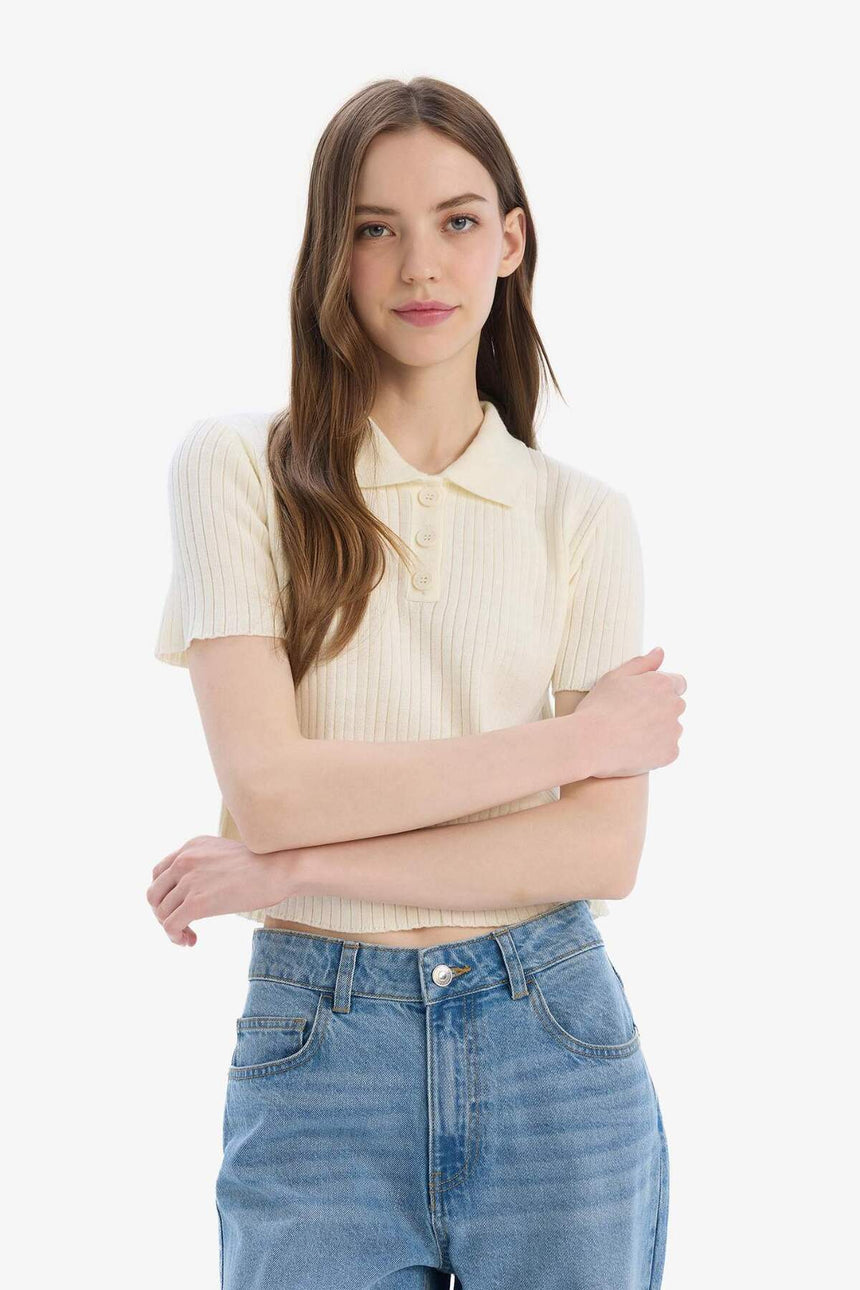 DeFacto N9752AZ Kadın Polo Yaka T-Shirt - Ekru