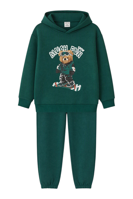 Sporline LC Waikiki koyu yeşil renkli, ayıcık baskılı, kapüşonlu çocuk sweatshirt ve eşofman altı takımı