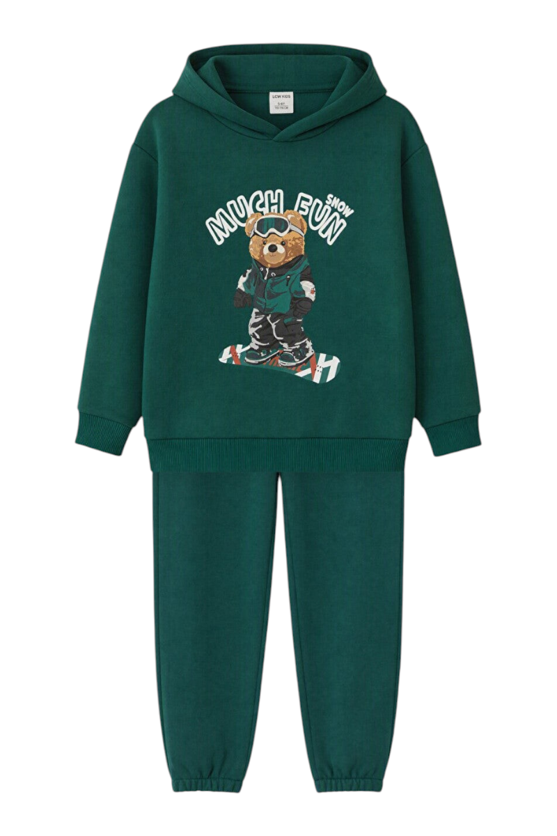 Sporline LC Waikiki koyu yeşil renkli, ayıcık baskılı, kapüşonlu çocuk sweatshirt ve eşofman altı takımı