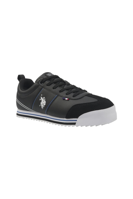 Sporline U.S. Polo Assn. siyah PU erkek sneaker, yan kısmında beyaz logo detayı ve tırtıklı beyaz taban ile.