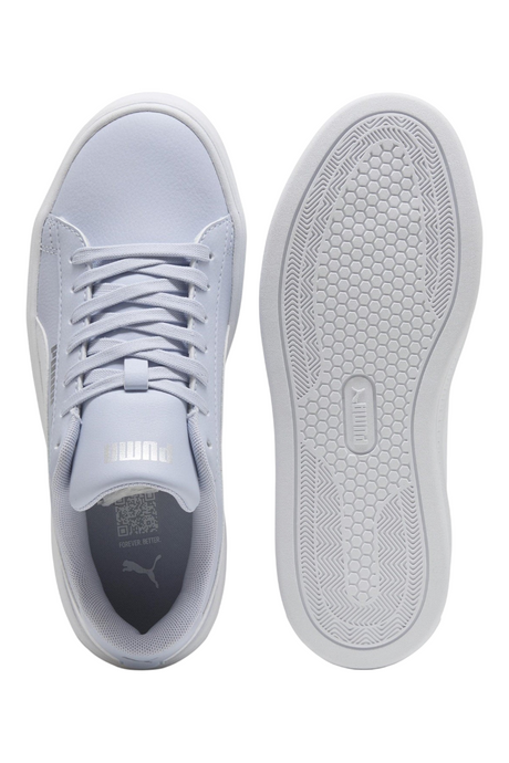 Sporline Puma Smash Platform v3 lila unisex spor ayakkabı, üstten ve taban görünümü ile gümüş detaylı tasarım.