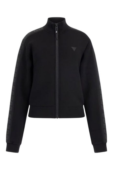 Sporline Guess siyah fermuarlı kadın sweatshirt, pamuk karışımlı kumaş ve yan şerit detaylı regular kesim tasarım.