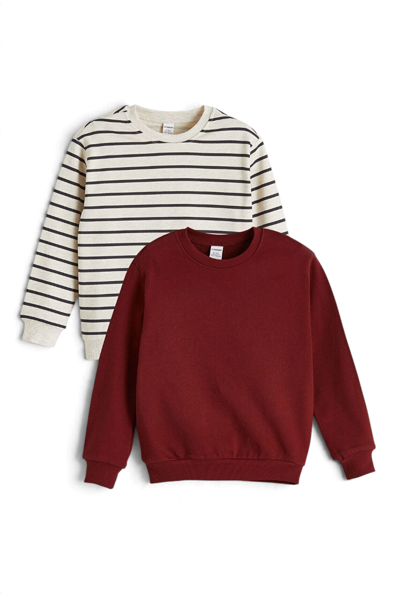 Sporline LC Waikiki çocuk sweatshirt seti, biri çizgili diğeri düz bordo renkli, pamuklu rahat günlük üstler.