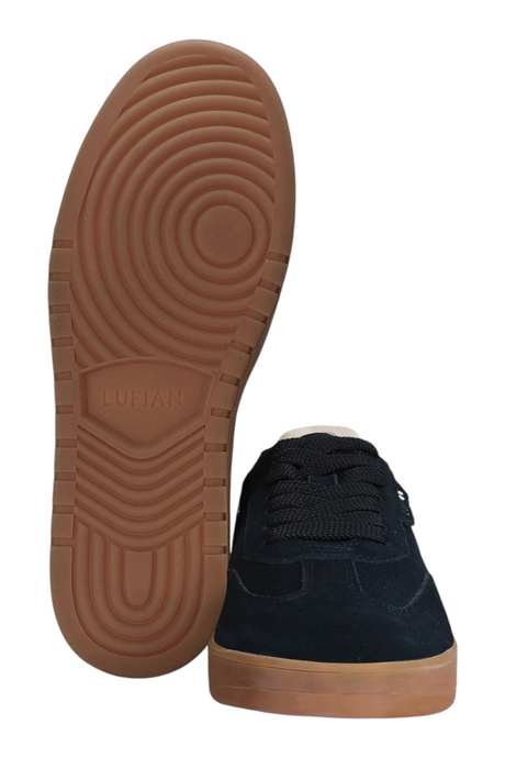 Sporline Lufian lacivert deri kadın sneaker, taba rengi kauçuk tabanlı ve ön görünüm detaylı