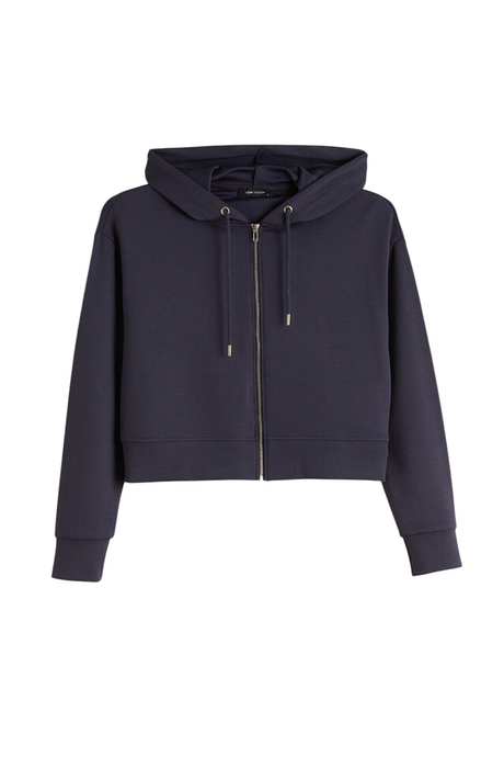 Sporline LC Waikiki koyu lacivert fermuarlı kapüşonlu kadın hırka, pamuk karışımlı loose kesim günlük sweatshirt