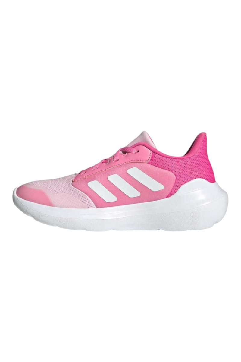 Sporline adidas Tensaur Run pembe suni deri çocuk spor ayakkabısı, beyaz tabanlı yan profil görünümü