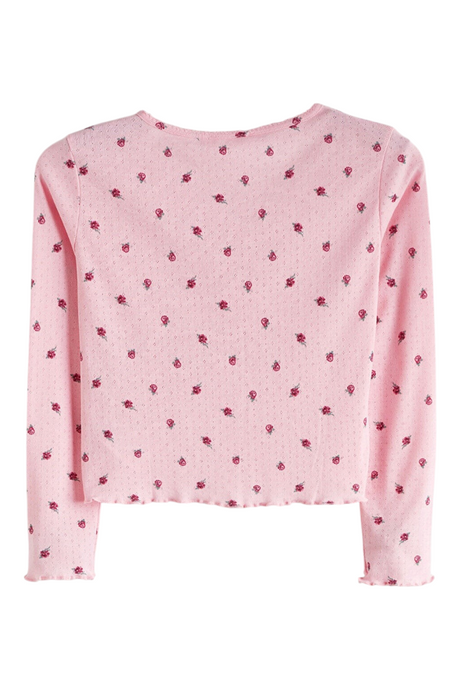 Sporline LC Waikiki açık pembe renkli, çiçek desenli, uzun kollu, %100 pamuklu kadın pijama üstü
