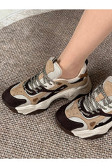 Noctra Kadın Süet Koyu Kahve Bej Bağcıklı Yüksek Tabanlı Sneakers - Koyu Kahverengi/ Bej